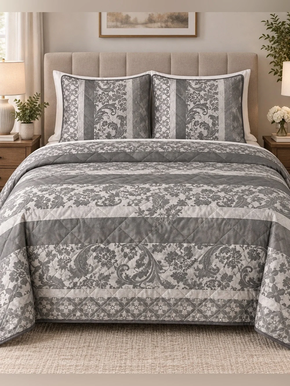 3 piece queen grey satin quilt set